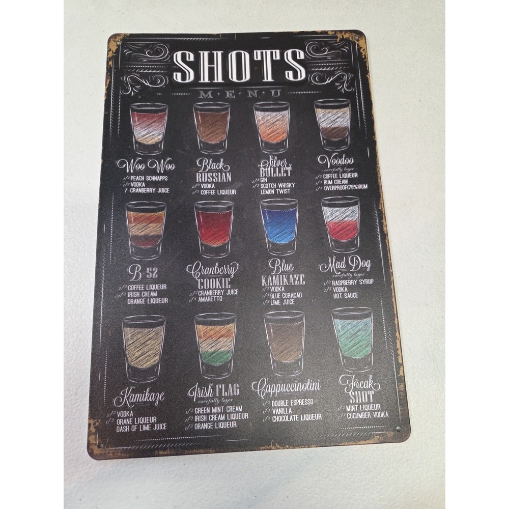 Shots Menu Alcohol Cocktail Drinks 8x12 Rustic Metal Tin Sign Bar Wall Decor